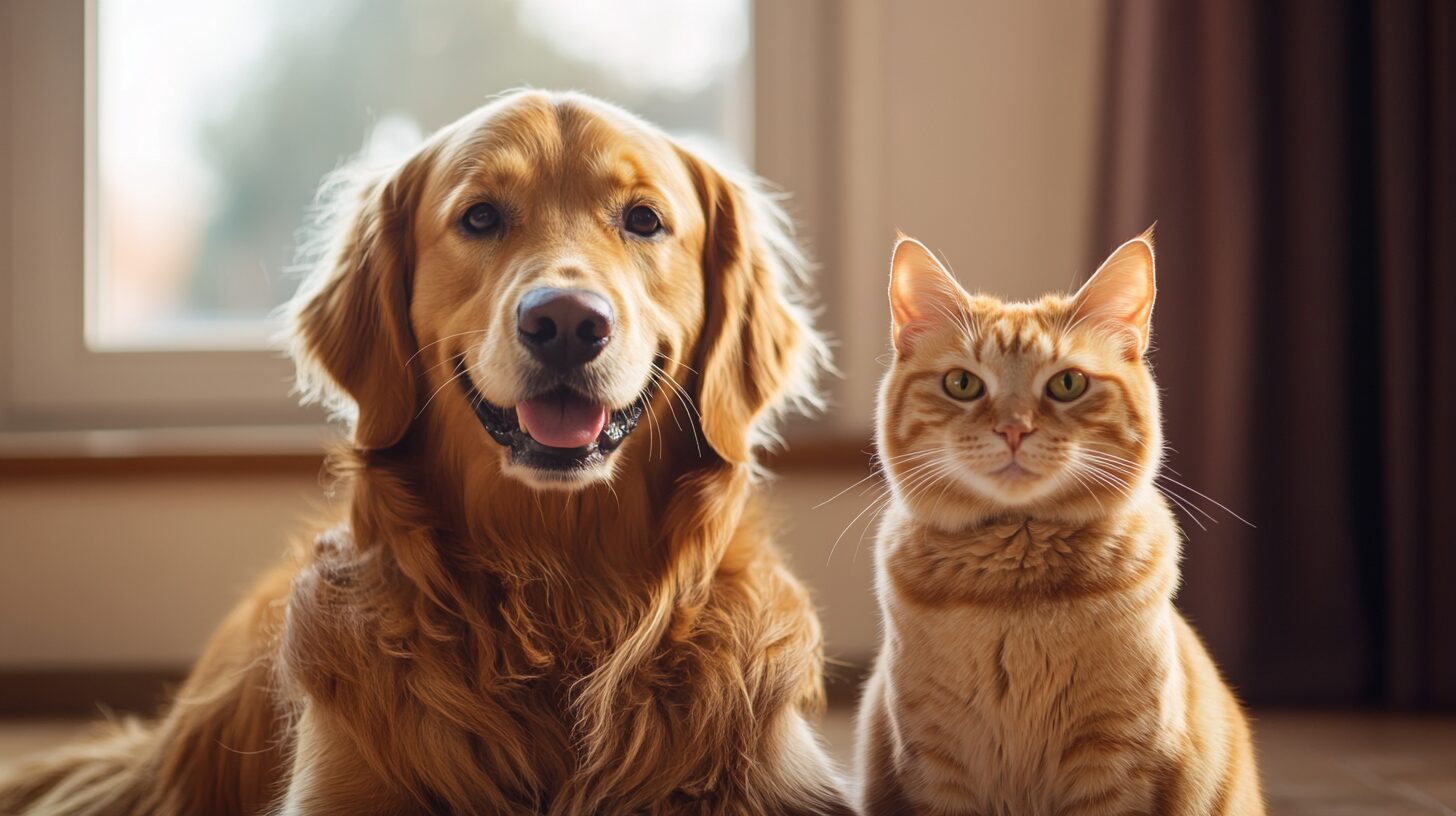 Happy golden retriever and tabby cat — Arlington Pet Clinic patients
